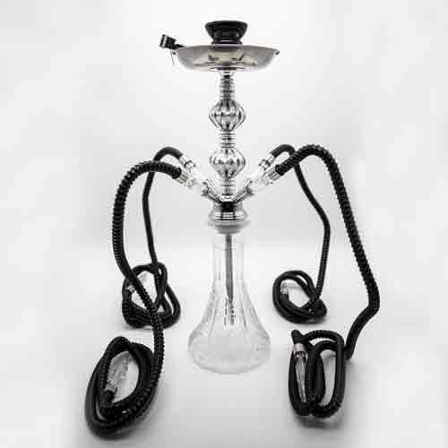 Clear Flower Pattern Glass Chrome Metal Hookah [Four Hose] The Bong Shop