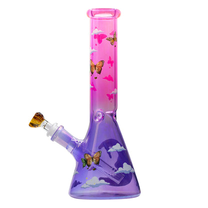 Glass Beaker Bong Purple/Pink - Half Moon, Clouds & Butterflies