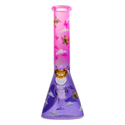 Glass Beaker Bong Purple/Pink - Half Moon, Clouds & Butterflies