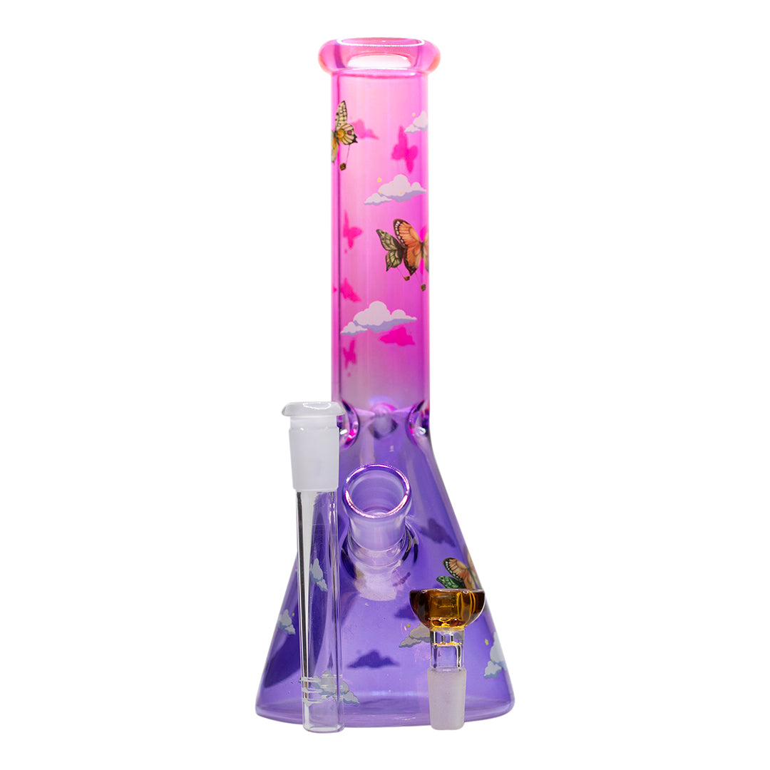 Glass Beaker Bong Purple/Pink - Half Moon, Clouds & Butterflies