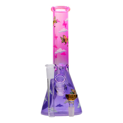 Glass Beaker Bong Purple/Pink - Half Moon, Clouds & Butterflies