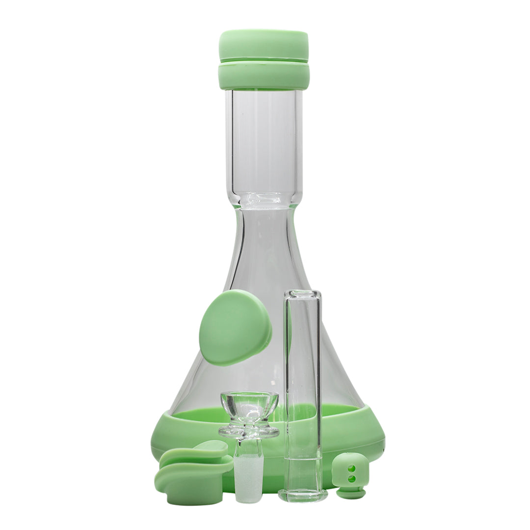 Glass Beaker Bong - Jellybean w Green Silicone Accessories