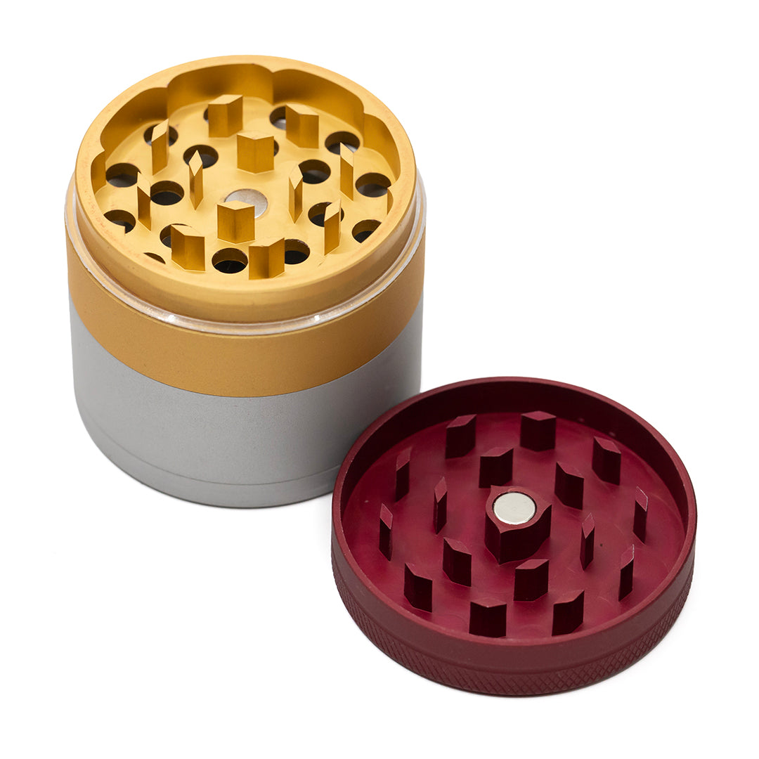Waterfall 4 Part Grinder 50mm Red, Gold, Grey