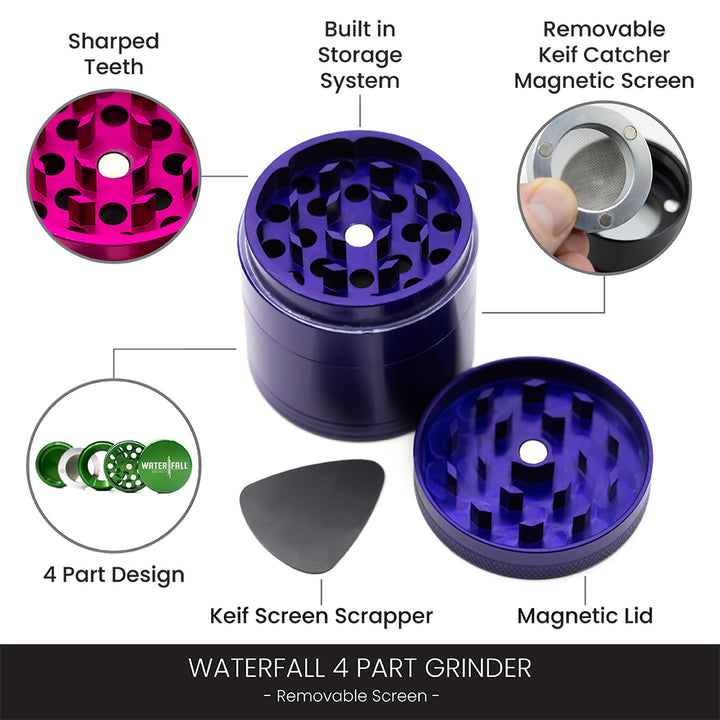 Four-Part Aluminium Grinder with Removable Screen - Black (50mm) Waterfall