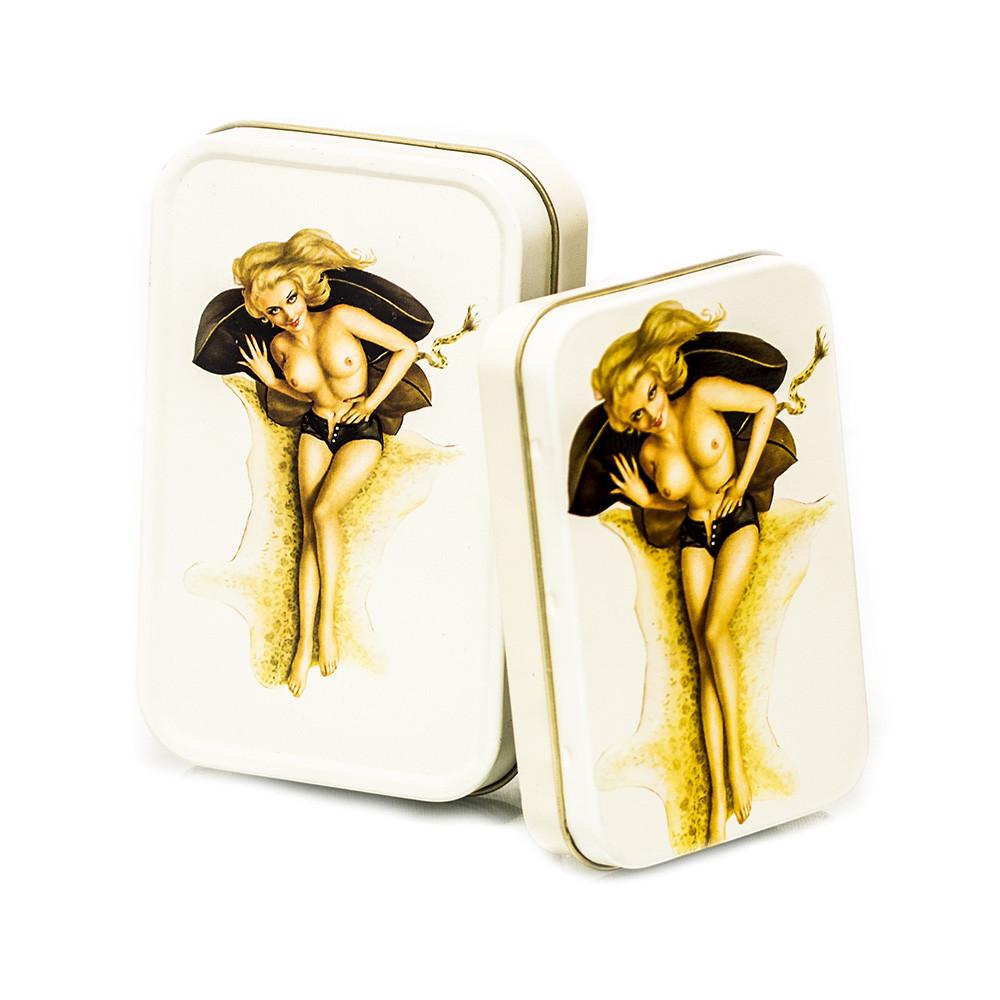 METAL TIN - BLONDE TOPLESS PIN UP SET OF 2 The Bong Shop