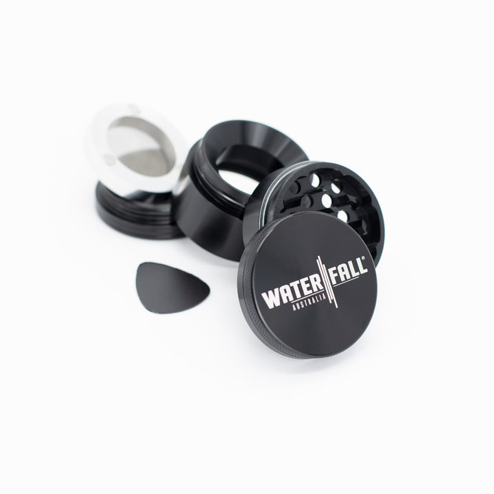 Four-Part Aluminium Grinder with Removable Screen - Black (50mm) Waterfall