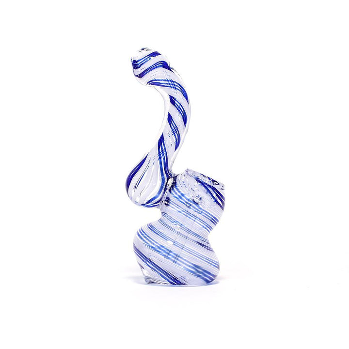 GLASS BUBBLER - 12CM CLEAR WITH BLUE AND WHITE SPIRAL STRIPES The Bong Shop