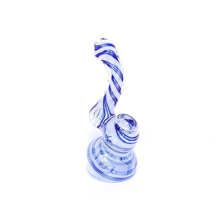 GLASS BUBBLER - 12CM CLEAR WITH BLUE AND WHITE SPIRAL STRIPES The Bong Shop