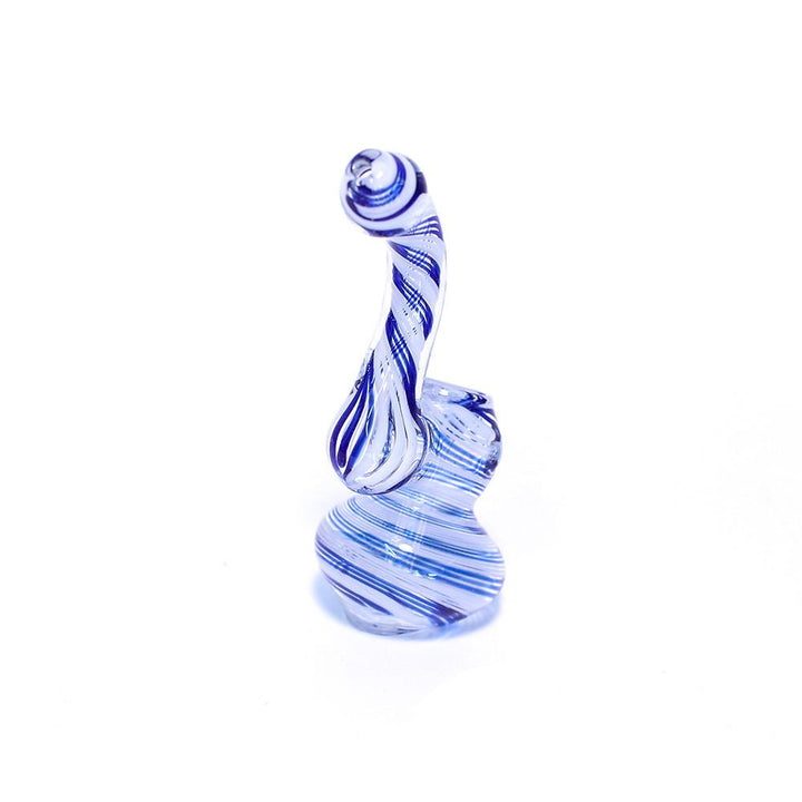 GLASS BUBBLER - 12CM CLEAR WITH BLUE AND WHITE SPIRAL STRIPES The Bong Shop