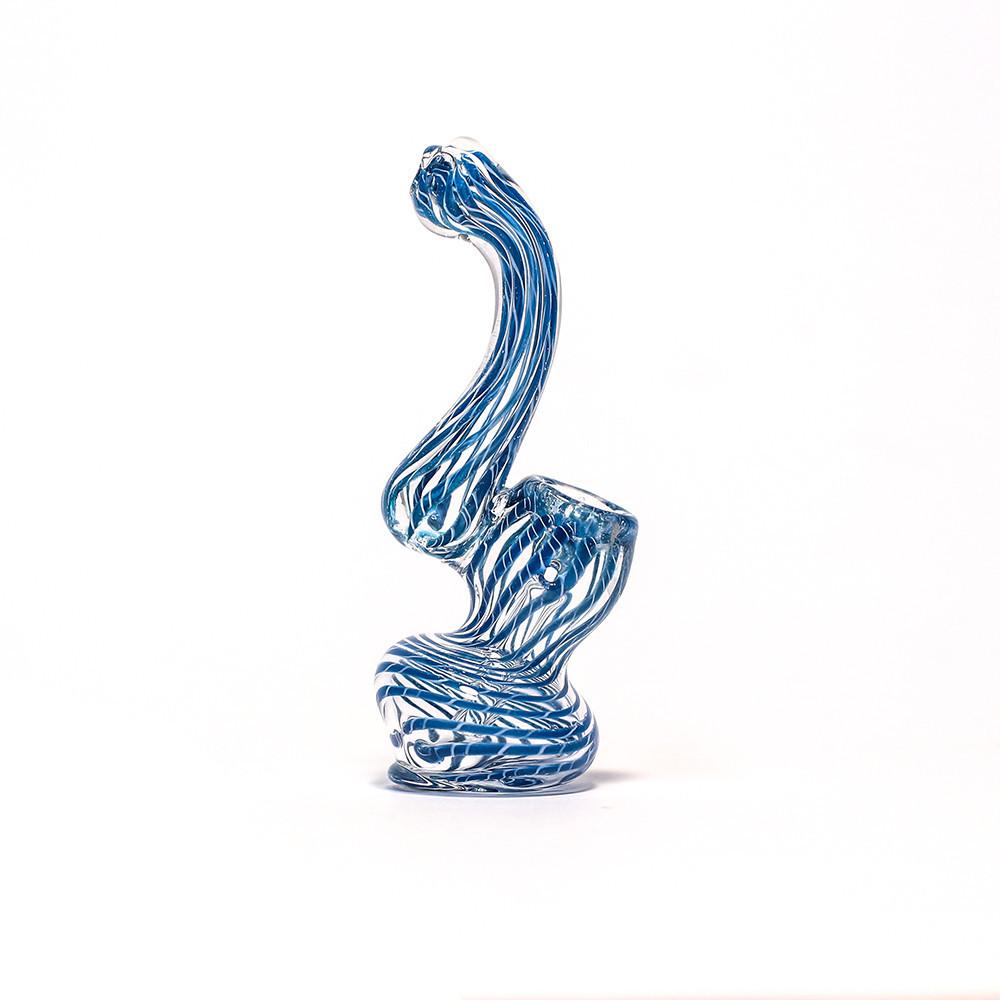 GLASS BUBBLER - 12CM CLEAR WITH BLUE THREAD STRIPES The Bong Shop