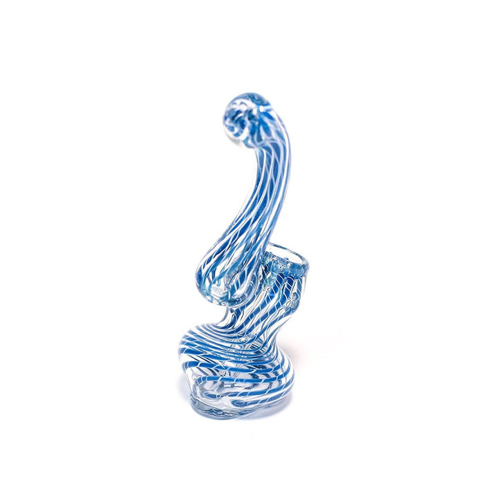 GLASS BUBBLER - 12CM CLEAR WITH BLUE THREAD STRIPES The Bong Shop