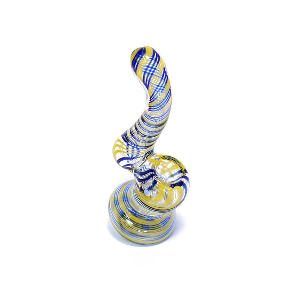 GLASS BUBBLER - 12CM CLEAR WITH BLUE AND YELLOW SPIRAL STRIPES The Bong Shop