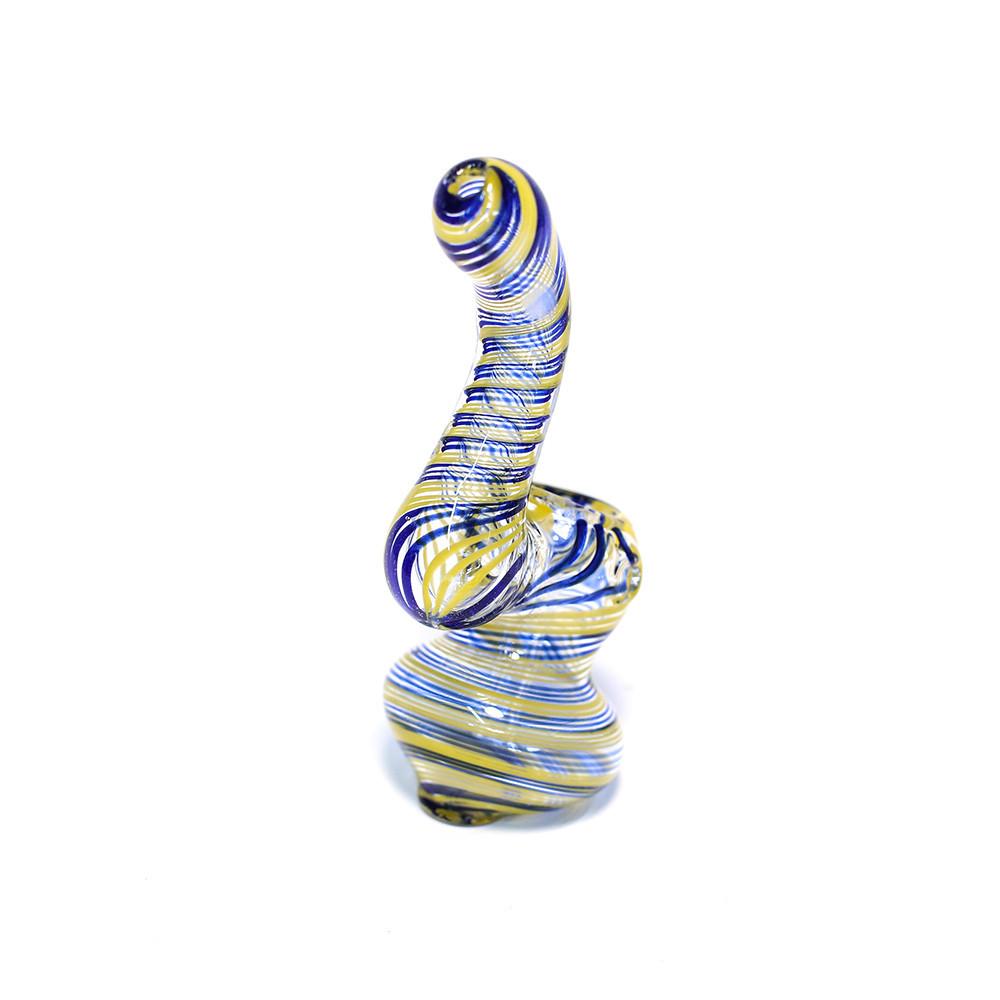 GLASS BUBBLER - 12CM CLEAR WITH BLUE AND YELLOW SPIRAL STRIPES The Bong Shop
