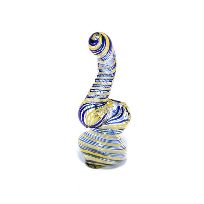 GLASS BUBBLER - 12CM CLEAR WITH BLUE AND YELLOW SPIRAL STRIPES The Bong Shop