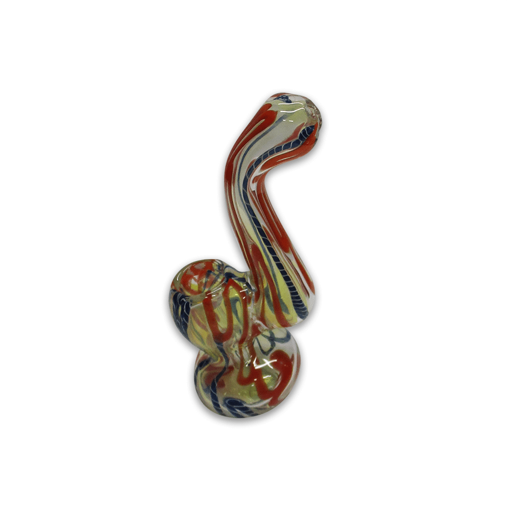 GLASS BUBBLER - 12CM CLEAR WITH BLUE AND ORANGE STRIPES The Bong Shop