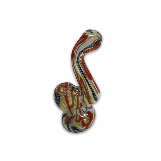 GLASS BUBBLER - 12CM CLEAR WITH BLUE AND ORANGE STRIPES The Bong Shop