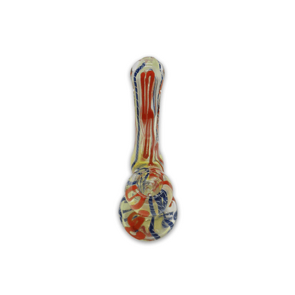 GLASS BUBBLER - 12CM CLEAR WITH BLUE AND ORANGE STRIPES The Bong Shop