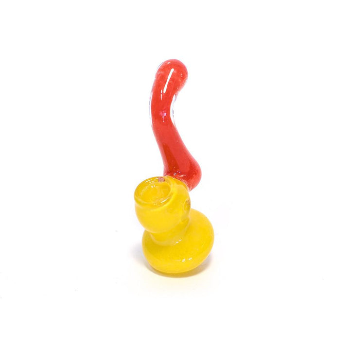 GLASS BUBBLER - 10CM CLEAR WITH YELLOW BASE AND RED STEM The Bong Shop