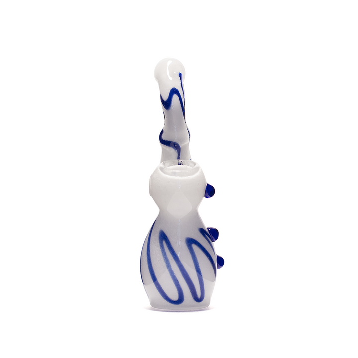GLASS BUBBLER - 15CM WHITE WITH BLUE STRIPES AND RAISED DOTS The Bong Shop