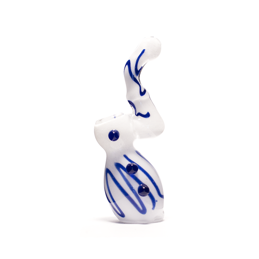 GLASS BUBBLER - 15CM WHITE WITH BLUE STRIPES AND RAISED DOTS The Bong Shop