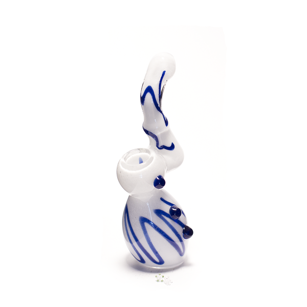 GLASS BUBBLER - 15CM WHITE WITH BLUE STRIPES AND RAISED DOTS The Bong Shop