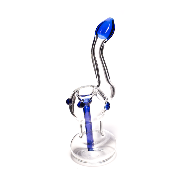 GLASS BUBBLER - 17CM CLEAR WITH BLUE TIP, BUMPS AND DOWNSTEM The Bong Shop