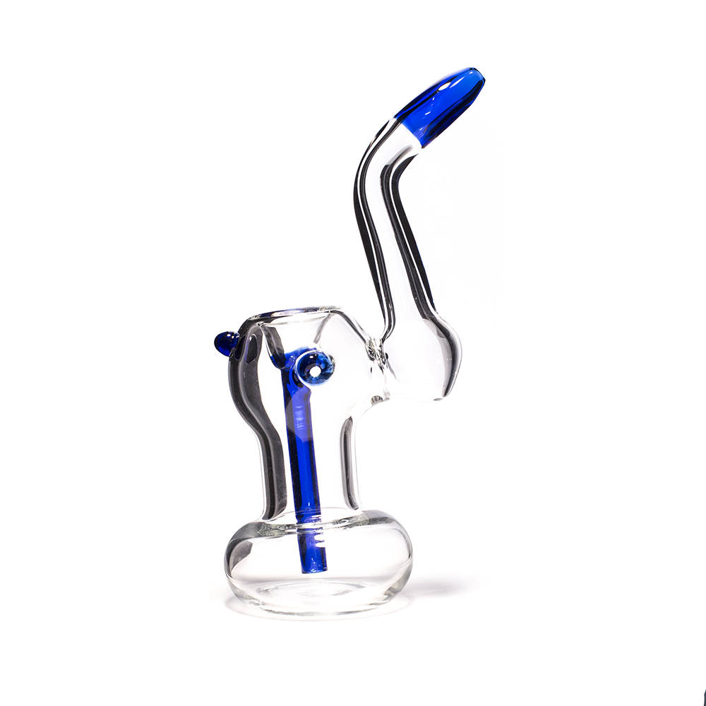 GLASS BUBBLER - 17CM CLEAR WITH BLUE TIP, BUMPS AND DOWNSTEM The Bong Shop