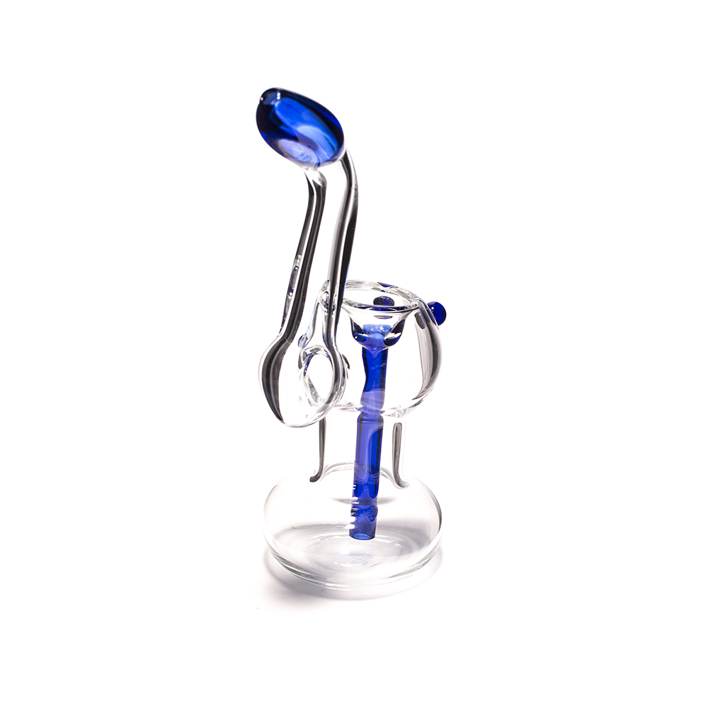 GLASS BUBBLER - 17CM CLEAR WITH BLUE TIP, BUMPS AND DOWNSTEM The Bong Shop