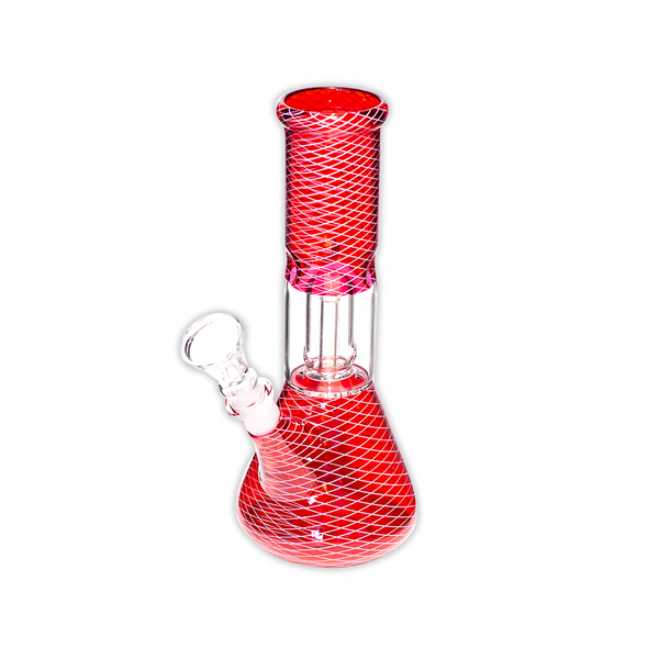 WATERFALL - MINI PERC GLASS BONG - RED WITH PINK CROSSHATCH Waterfall