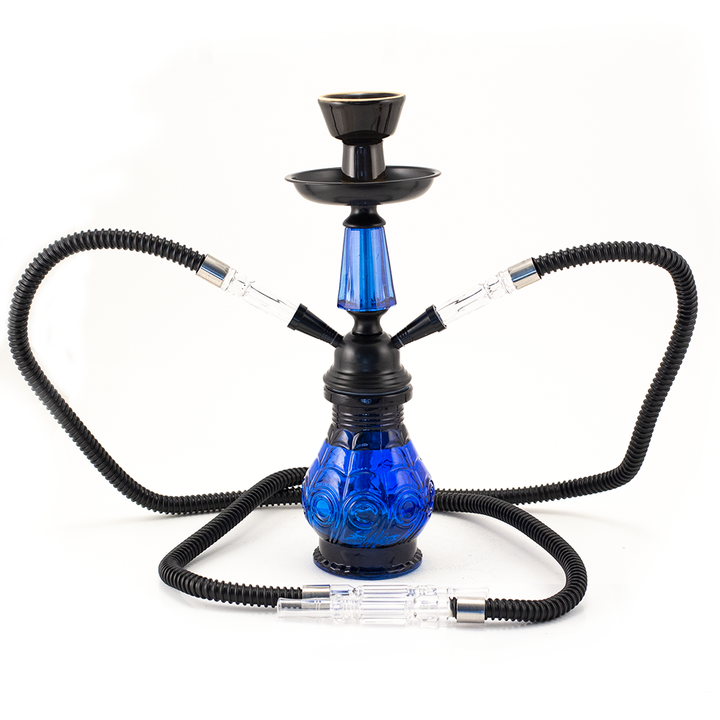 HOOKAH - 30cm 2 HOSE BLUE GLASS BLACK METAL & CONE The Bong Shop