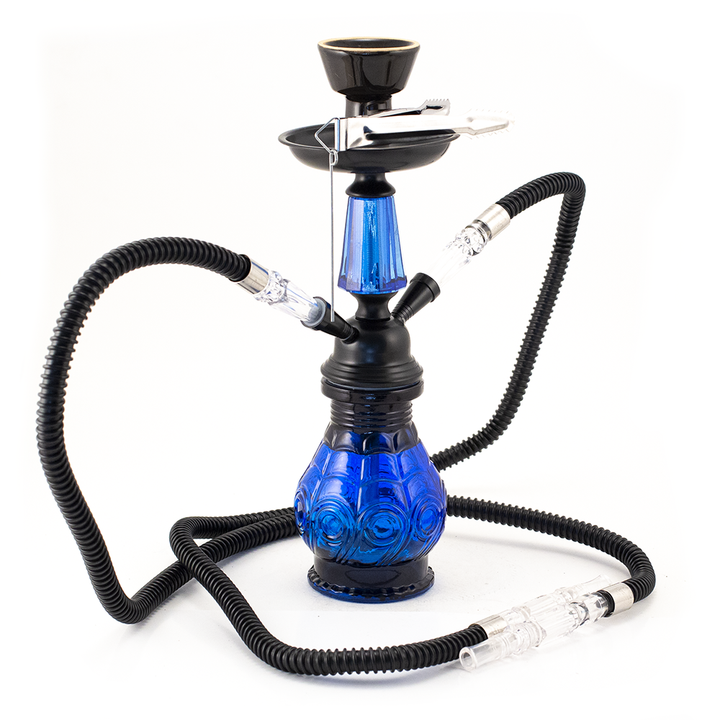 HOOKAH - 30cm 2 HOSE BLUE GLASS BLACK METAL & CONE The Bong Shop