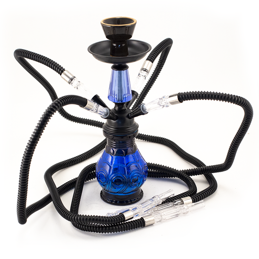 HOOKAH - 30cm 4 HOSE BLUE GLASS BLACK METAL & CONE The Bong Shop