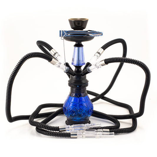 HOOKAH - 30cm 4 HOSE BLUE GLASS BLACK METAL & CONE The Bong Shop