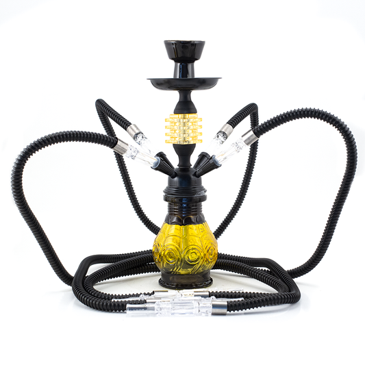 HOOKAH - 32cm 4 HOSE ORANGE GLASS W/ SQUARE DISC NECK BLACK METAL & CONE The Bong Shop