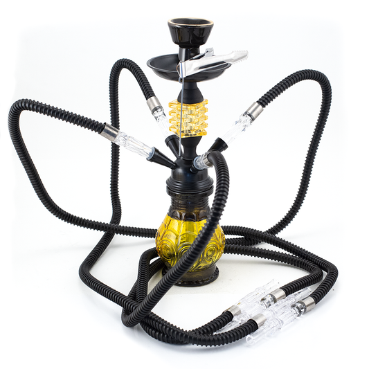 HOOKAH - 32cm 4 HOSE ORANGE GLASS W/ SQUARE DISC NECK BLACK METAL & CONE The Bong Shop