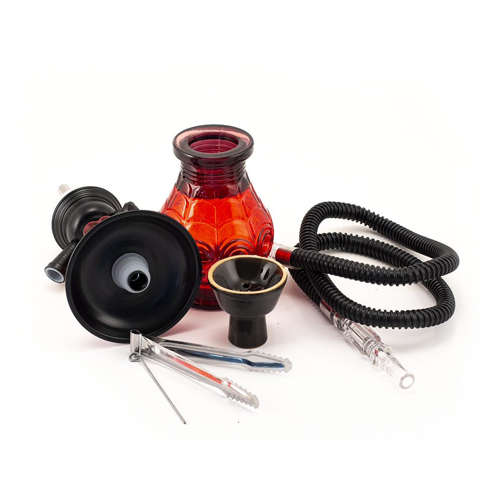HOOKAH - 30cm 1 HOSE RED GLASS BLACK METAL & CONE The Bong Shop