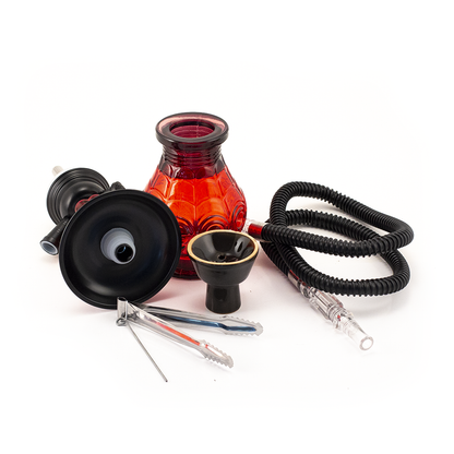 HOOKAH - 30cm 1 HOSE RED GLASS BLACK METAL & CONE The Bong Shop