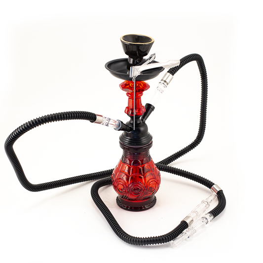 HOOKAH - 30cm 2 HOSE RED GLASS BLACK METAL & CONE The Bong Shop
