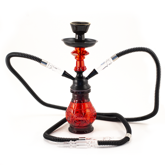 HOOKAH - 30cm 2 HOSE RED GLASS BLACK METAL & CONE The Bong Shop