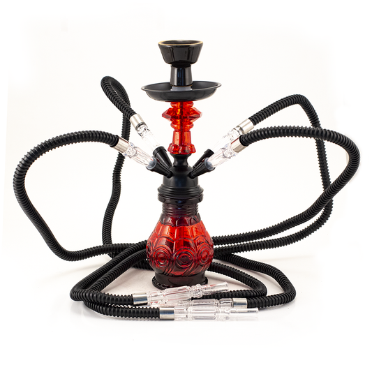 HOOKAH - 30cm 4 HOSE RED GLASS BLACK METAL & CONE The Bong Shop