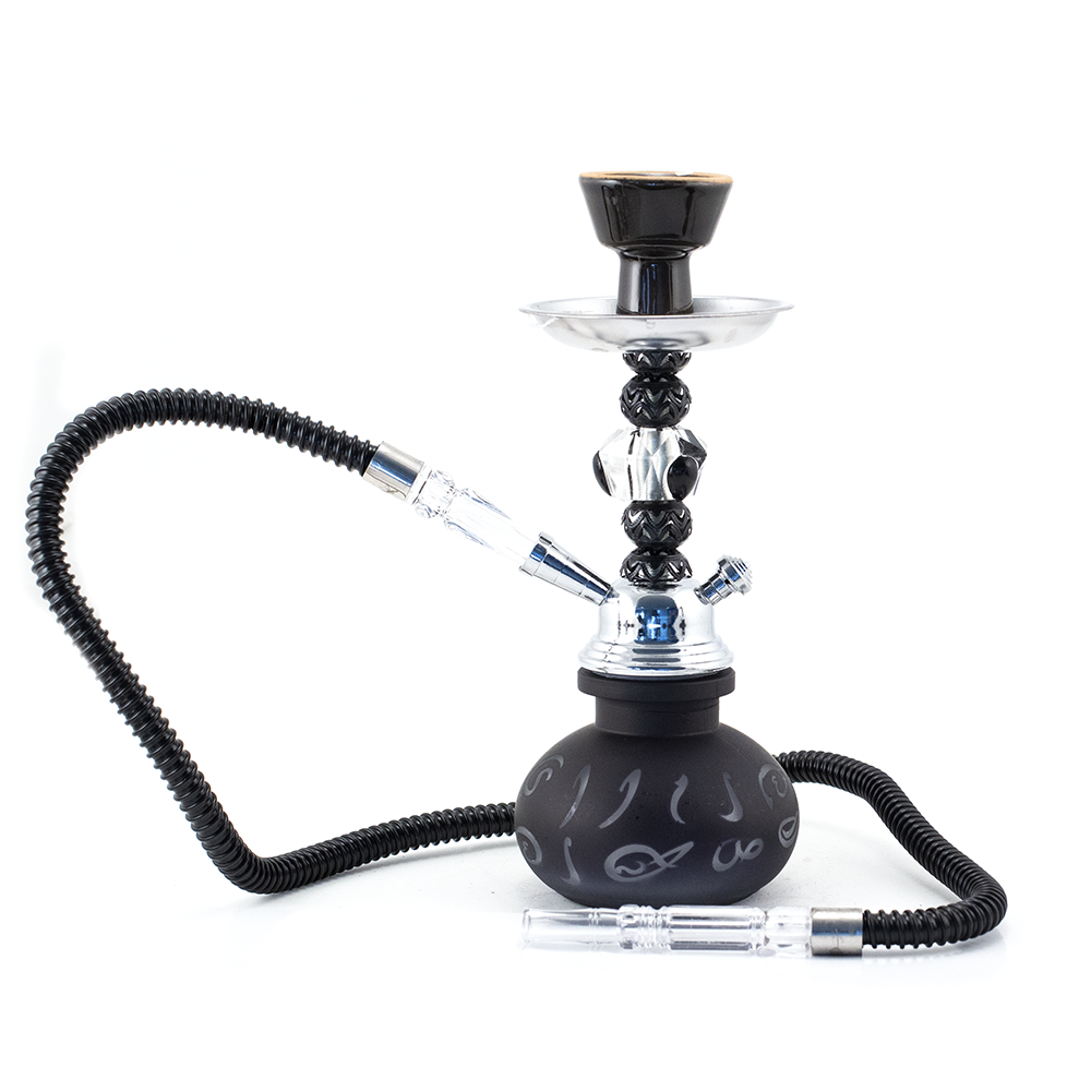 HOOKAH - 26cm 1 HOSE BLACK ARABIC GLASS CHROME METAL & BLK CONE The Bong Shop