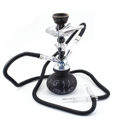 HOOKAH - 26cm 2 HOSE BLACK ARABIC GLASS CHROME METAL & BLK CONE The Bong Shop