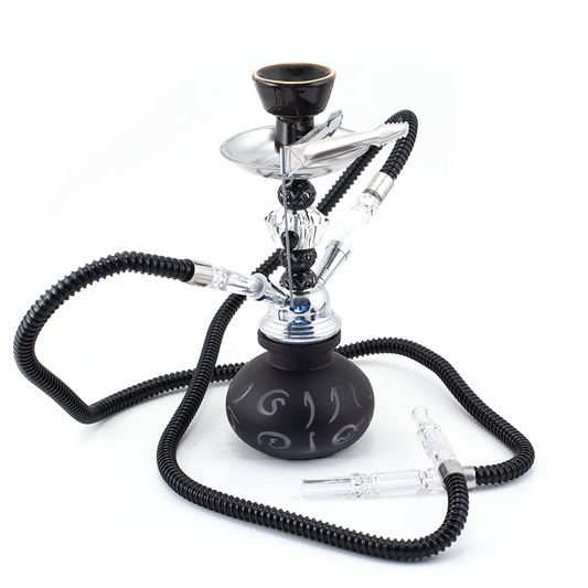 HOOKAH - 26cm 2 HOSE BLACK ARABIC GLASS CHROME METAL & BLK CONE The Bong Shop