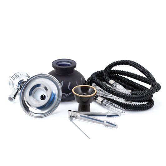 HOOKAH - 26cm 2 HOSE BLACK ARABIC GLASS CHROME METAL & BLK CONE The Bong Shop