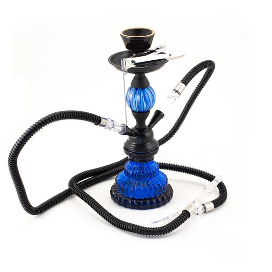HOOKAH - 30cm 2 HOSE BLUE JELLY GLASS BLACK METAL & CONE The Bong Shop