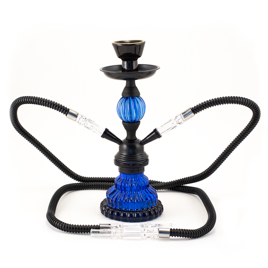 HOOKAH - 30cm 2 HOSE BLUE JELLY GLASS BLACK METAL & CONE The Bong Shop