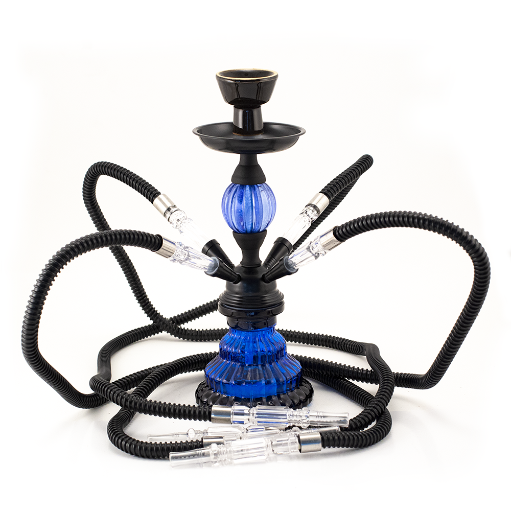 HOOKAH - 30cm 4 HOSE BLUE JELLY GLASS BLACK METAL & CONE The Bong Shop