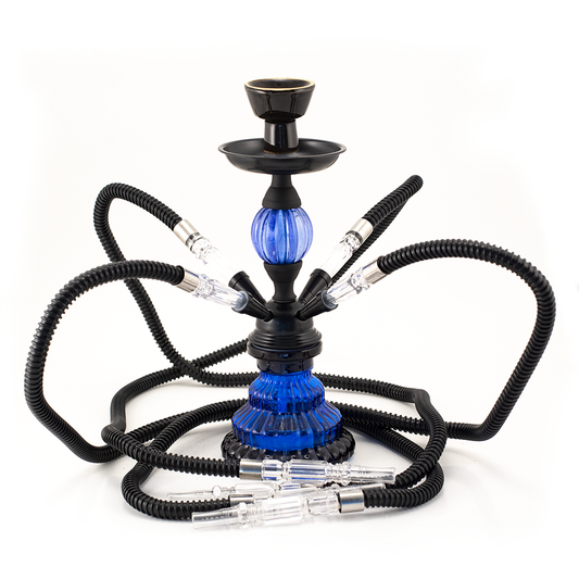 HOOKAH - 30cm 4 HOSE BLUE JELLY GLASS BLACK METAL & CONE The Bong Shop