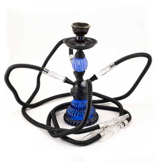 HOOKAH - 30cm 4 HOSE BLUE JELLY GLASS BLACK METAL & CONE The Bong Shop