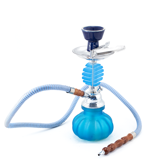 HOOKAH - 27cm 1 HOSE LIGHT BLUE GLASS CHROME METAL BLUE CONE The Bong Shop